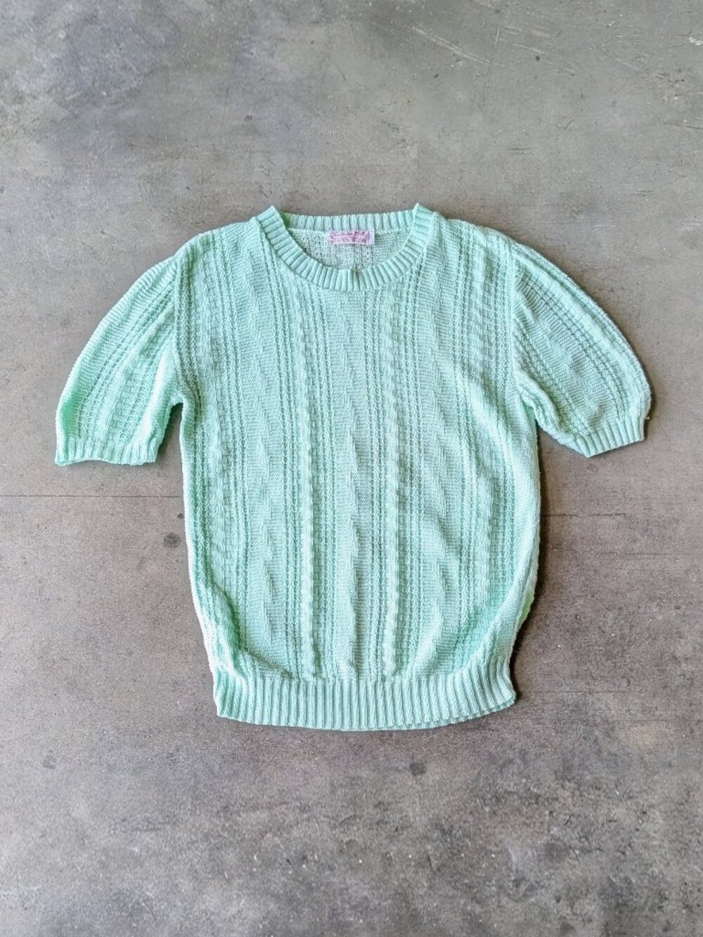 Vintage 70s Garment Knit Teal Mint Green Short Sleeve Sweater